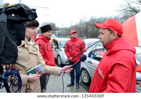 ROSTOV-ON-DON, RUSSIA - APRIL 11: The rally, interviews - International automobile race Ã?Â«Our Great VictoryÃ?Â» in honor of the Day of Victory in the WWII, April 11, 2013 in Rostov-on-Don, Russia