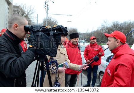 ROSTOV-ON-DON, RUSSIA - APRIL 11: The rally, interviews - International automobile race Ã?Â«Our Great VictoryÃ?Â» in honor of the Day of Victory in the WWII, April 11, 2013 in Rostov-on-Don, Russia