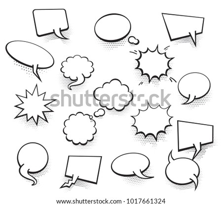 Set of blank template in Pop Art style. Vector Comic Text Speech Bubble Halftone Dot Background. Empty Cloud of Comics book dialog Space for Cartoon Box pop-art. 