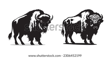 Set of American Bison Silhouettes. Vector Image