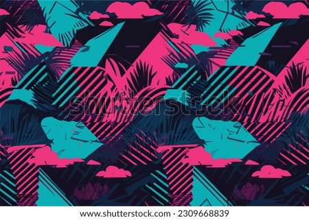 Retrowave exotic leaves summer funky shirt seamless pattern. 80s 90s pop art memphis style. Miami or Hawaii style. Expressive ornament for textile, wrapping. Vector.