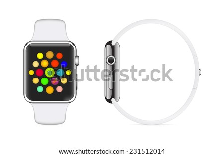 Trendy Colorful Vector Illustration Icon of White Aluminium Smart Watch with Smartwatch Interface