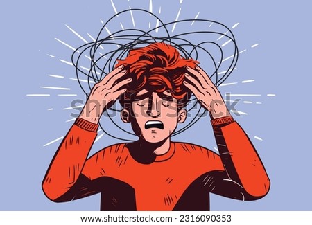 Frustrated man with nervous problem feel anxiety and confusion of thoughts. Vector flat illustration. Mental disorder and chaos in consciousness. 