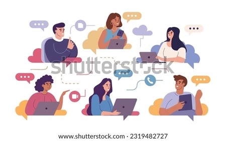 Business communication via internet. Online remote video conference call. Virtual distant work of people, team. Flat graphic vector illustration isolated on white background.