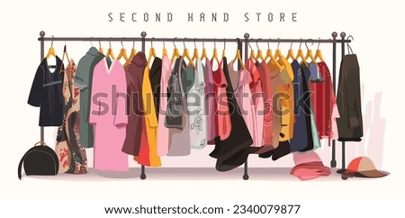 Iisolated colored flat vector illustration featuring a collection of secondhand clothes displayed on racks at a thrift store. The shop carries an assortment of leftover apparel. 