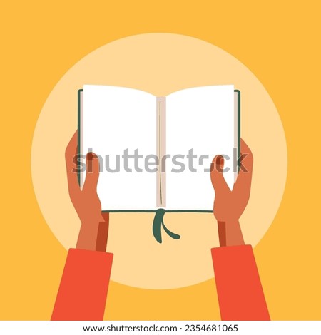 Character Human hands holds open book. Student with textbook. Read books lover. Education, literacy day. Back to school. Bookstore, library flat vector illustration