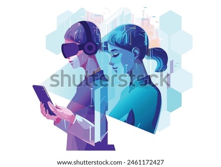 Digital Twin in metaverse, woman's VR AR Avatar connected with digital alter ego in cyberspace concept. Digital reputation. Vector.