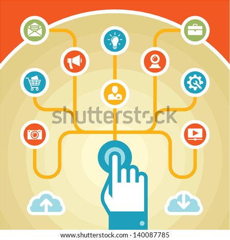 Infographic Business Concept - Touchpad. Human hand with vector icons and line structure. 