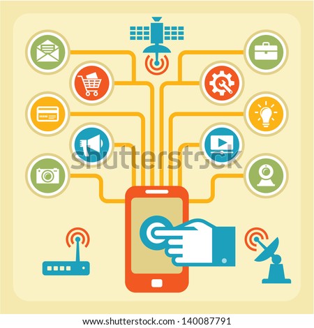 Infographic Business Concept - Touchpad & Wi-Fi. Human hand and mibile phone, vector icons and line structure. 