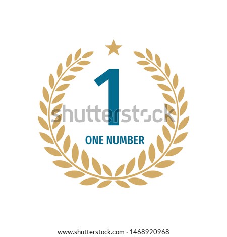 Number one badge logo design with a laurel wreath. Graphic sign emblem. Vector illustration. 