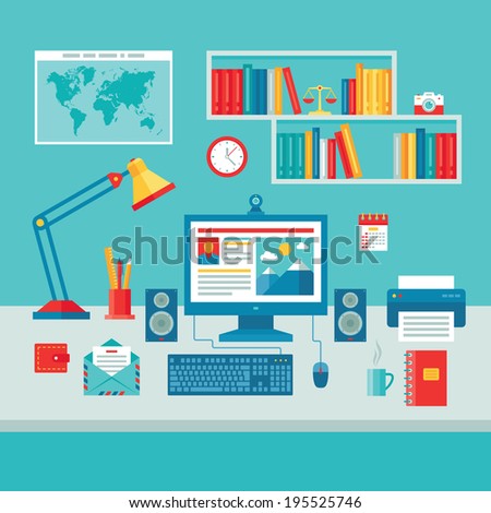 Home Business Office Workplace with Computer Monitor - Vector Illustration in Flat Design Style for presentation, booklet, web site etc.