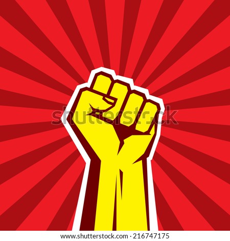 Human hand Up Proletarian Revolution - Vector Illustration Concept in Soviet Union Agitation Style. Fist of revolution. Red background. Design element. 