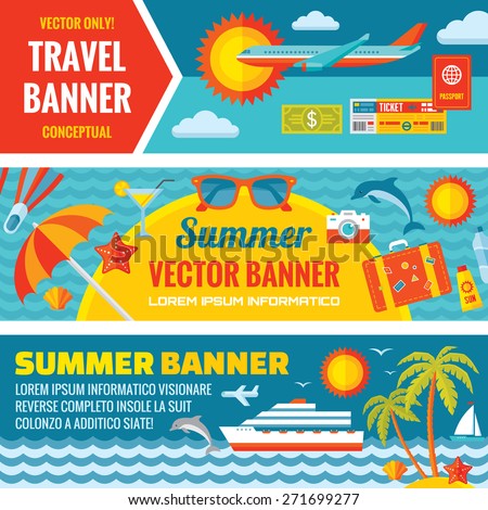 Summer travel - decorative horizontal banners set in flat style. Vector backgrounds. Icons collection. Creative layout. Design elements. 