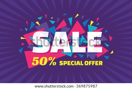 Sale vector horizontal banner – 50% special offer. Layout with triangle elements. Abstract veiolet background. Design concept.