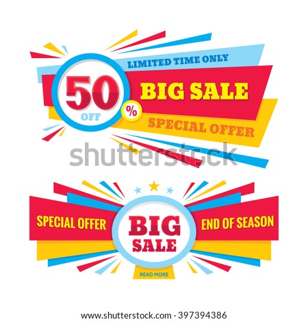 Big sale vector banner – discount 50% off. Special offer creative design layout. Limited time only! End of season.
