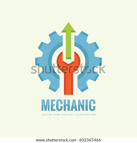 Mechanic machine - vector business logo template concept illustration. Gear factory sign. Cog wheel, wrench and arrows technology symbol. Design element.