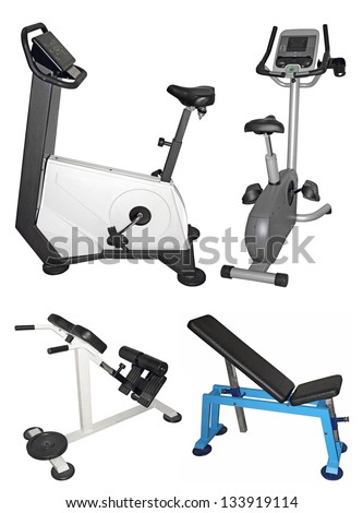Stationary bike and bench for exercising isolated on white background