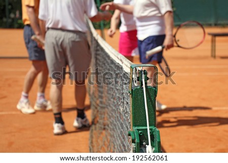 Mixed doubles tennis players standing by net on tennis court