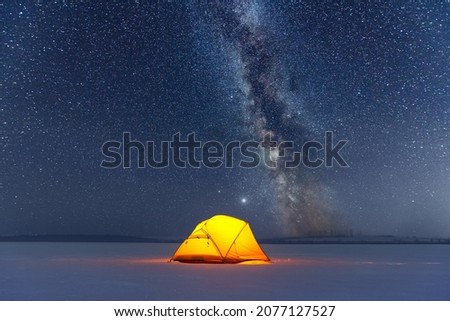 Similar – Image, Stock Photo illuminated yellow tent at dusk with milky way in the sky