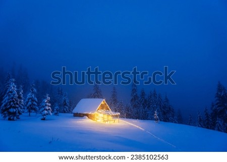 Similar – Image, Stock Photo Lightly snowed wooden hut with tree. Snow in the foreground, mountains and forest in the background.