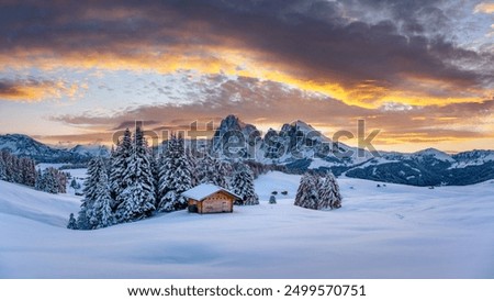 Similar – Image, Stock Photo Sunset cabin landscape with river and forest