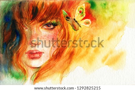 beautiful woman an butterfly. fashion illustration. watercolor painting
