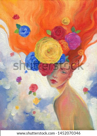beautiful woman and flowers. oil painting. contemporary art
