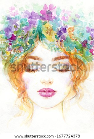 woman with flowers. beauty background. fashion illustration. watercolor painting