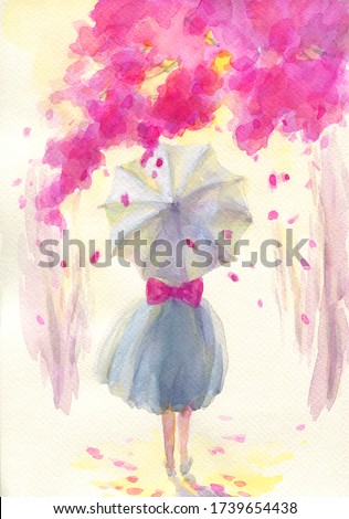 girl walking in garden.  illustration. watercolor painting


