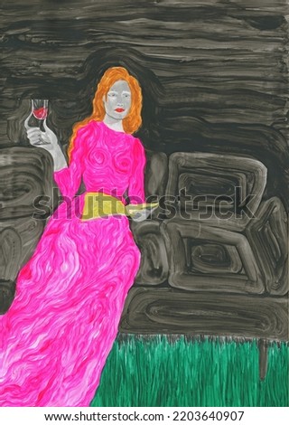 watercolor painting. woman drinking wine and reading book. illustration. 
