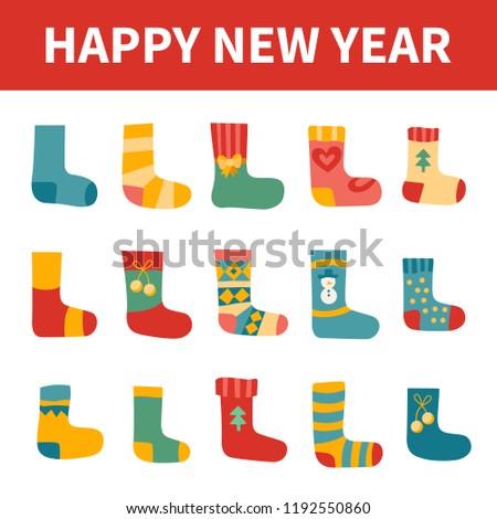 Vector illustration: winter foot clothes: set of 15 blue, red and yellow woolen socks isolated on white background. Decorative elements for Christmas greeting cards, fabrics, wallpaper, wrapping paper