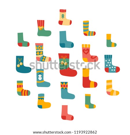 Vector illustration: winter foot clothes: set of 19 blue, red and yellow woolen socks isolated on white background. Decorative elements for Christmas greeting cards, fabrics, wallpaper, wrapping papeк