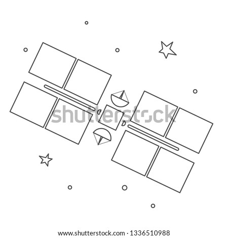 Vector illustration colorbook about cosmos for kids with linear satellite flyind in sky with stars isolated on white background. Icon for learning astronomy, astrophysics science and cosmic discovery
