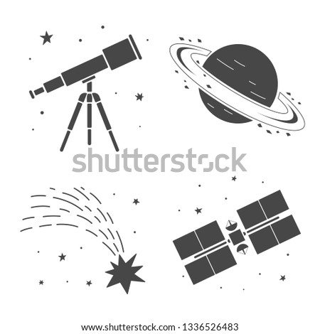 Vector illustration: set of 4 cosmic icons telescope, satellite, saturn planet, meteor comet on white background. Icon for observatory, learning astronomy, astrophysics science and cosmic discovery,
