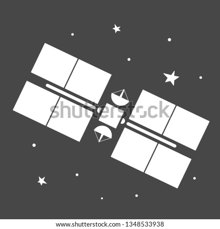 single flat black and white satellite flying in sky with stars isolated on black  background. Icon for  learning astronomy, astrophysics science and cosmic discovery,
