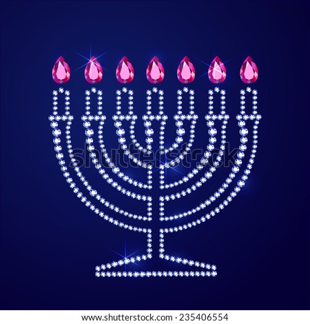 Vector illustration: Jewish religion symbol menorah with candles and flame made of blue and pink diamonds on blue background