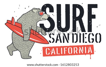 Bear with Sunglasses and Surfboard for T-shirt Design. Surfing Graphic Tee for kids. Funny illustration on the theme of surfing and summer vacation