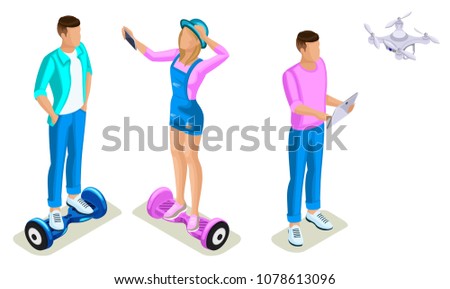 Isometrics young people, generation Z, teenagers using hoverboard. The gyroscope based dual wheel electric scooter, smart balance wheel.
