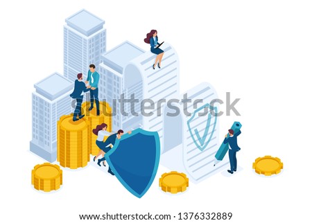 Isometric Businessmen insure their assets, investments and shares, shield. Concept for web design.