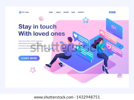 Isometric concept smartphone and social networks for teenagers a way to stay in touch with loved ones. Training of a young man. Template landing page for website