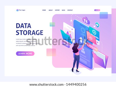 Young girl interacting with the data storage, downloads and uploads files to the cloud. Data exchange concept. 3d isometric. Landing page concepts and web design