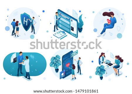 Set of isometric concepts for advertising and creating landing pages on the theme of medicine. Doctor advises the patient, medical worker during the work