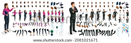 Large isometric Set of gestures of hands and feet of a woman and man 3d business lady. Create your own isometric character in stylish clothes, an office worker for vector illustrations.