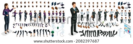 Isometric Set of gestures of hands and feet of a woman 3d business lady. Create your own isometric character in stylish clothes, an office worker for vector illustrations