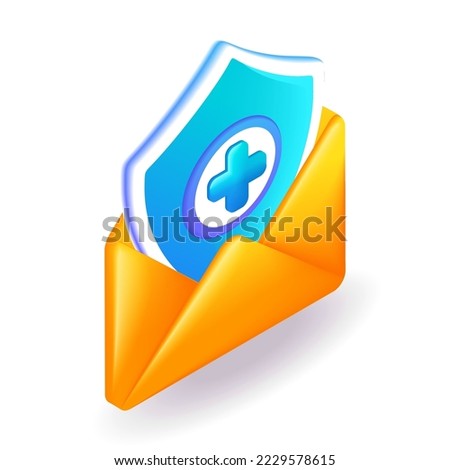 3D Isometric cartoon illustration. Document and a postal envelope. Add, plus, medical cross round button. Vector icons for website