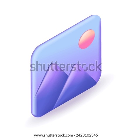 3D Isometric illustration, Cartoon. Image, photo, jpg file. Mountains and sun landscape. Picture in a frame. Vector icons for website