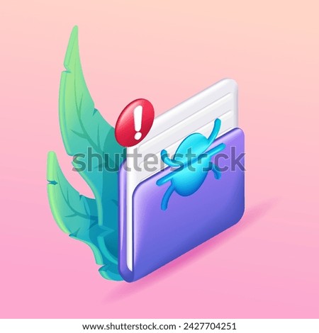 3D Isometric illustration, Cartoon. Data folder is under threat, data theft. Caution, danger, malicious software. Vector icons for website