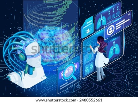 Artificial intelligence isometric. Megamind manages an array of medical data in conjunction with artificial intelligence. The user is a Doctor at a Medical Center