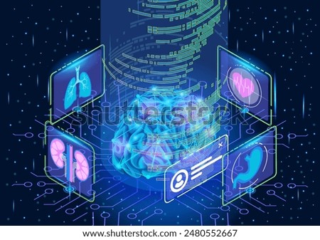 Artificial Intelligence Isometric. Megamind manages an array of medical data by downloading it from the Internet. Powerful Artificial Intelligence