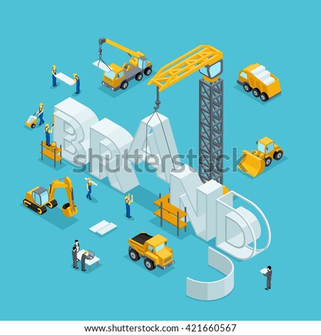 Isometric 3d Building a business idea, a brand. Working people in the construction work. Development plan of the invention. Construction Isometric People Isometric vector illustration